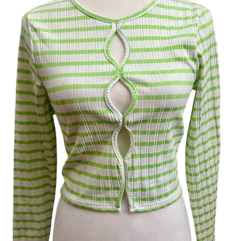 Topshop Ribbed Long Sleeve Cut Out Top Small Green Stripes Stretchy NWOT
